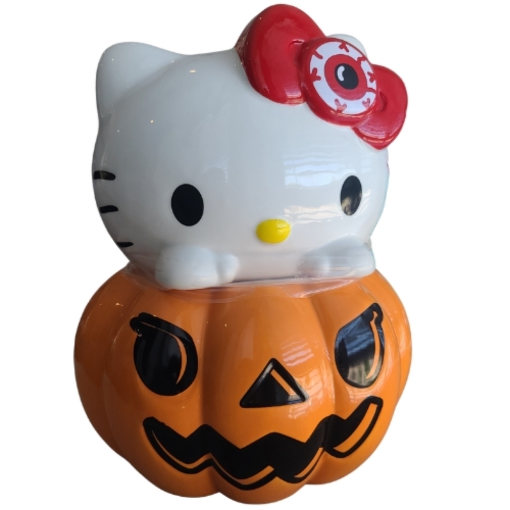 SOLD Halloween HELLO KITTY Cookie Jar Ceramic PUMPKIN Fall 2024 Collectible Goth